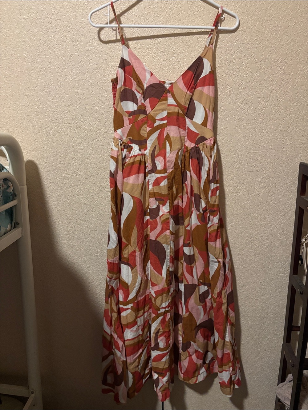 Apana White Smocked Top with Coral Trim